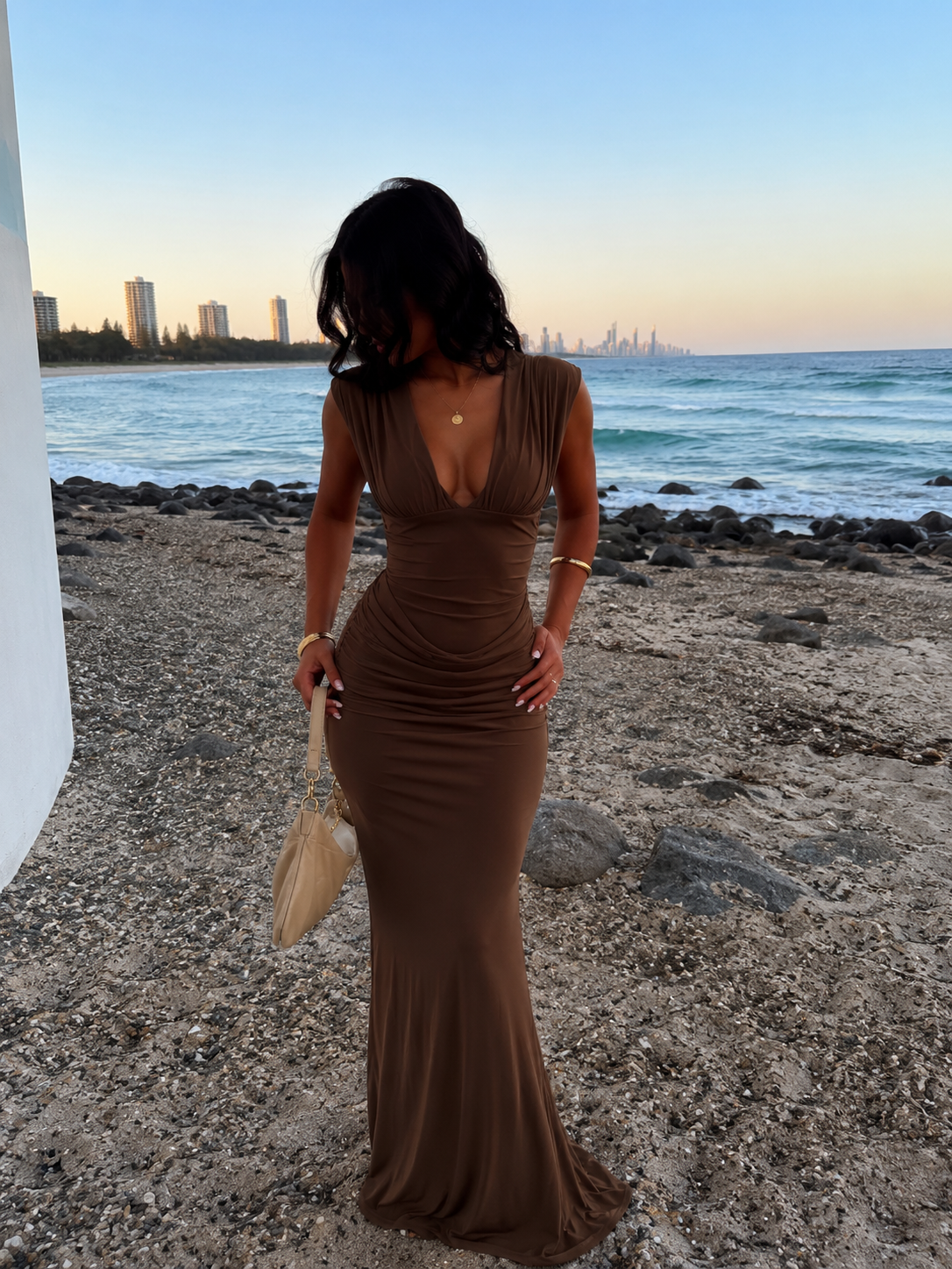 PRETTY LITTLE THING- PLUNGE MAXI BROWN