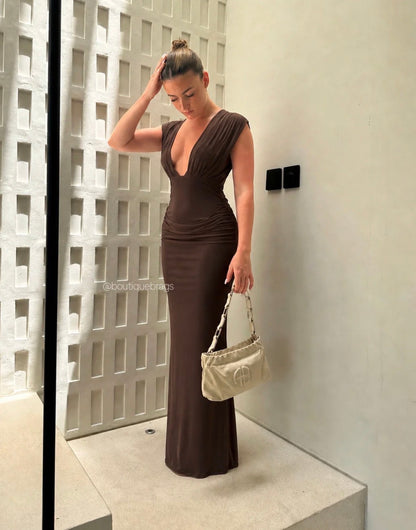 PRETTY LITTLE THING- PLUNGE MAXI BROWN