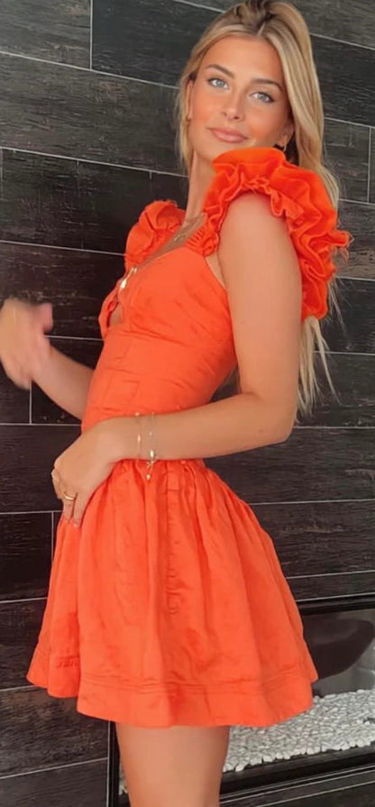 aje simone dress One Mile Cora in khaki & AJE Simone Frill Sleeve Mini Dress in Orange. Both available to rent now
